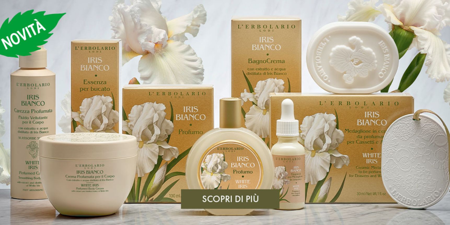 Linea Iris Bianco di L'Erbolario: prodotti per il corpo e la casa con delicate fragranze fiorite